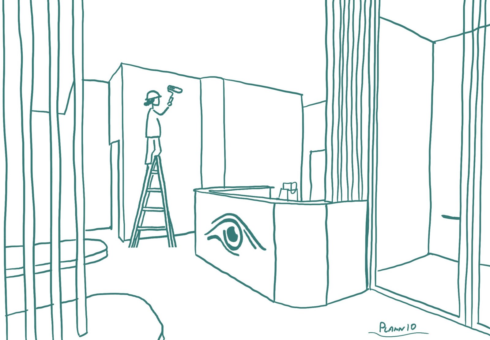 Lijntekening van het onthaal van het oogcentrum in opbouw: een schilder op een ladder en een onthaalbalie met een groot oog erop.